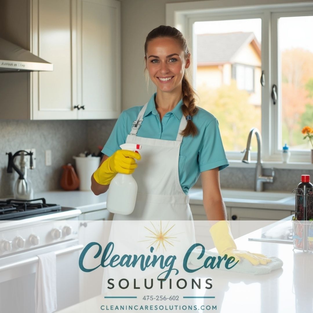 A close-up photo of a house in the background and a house cleaning woman