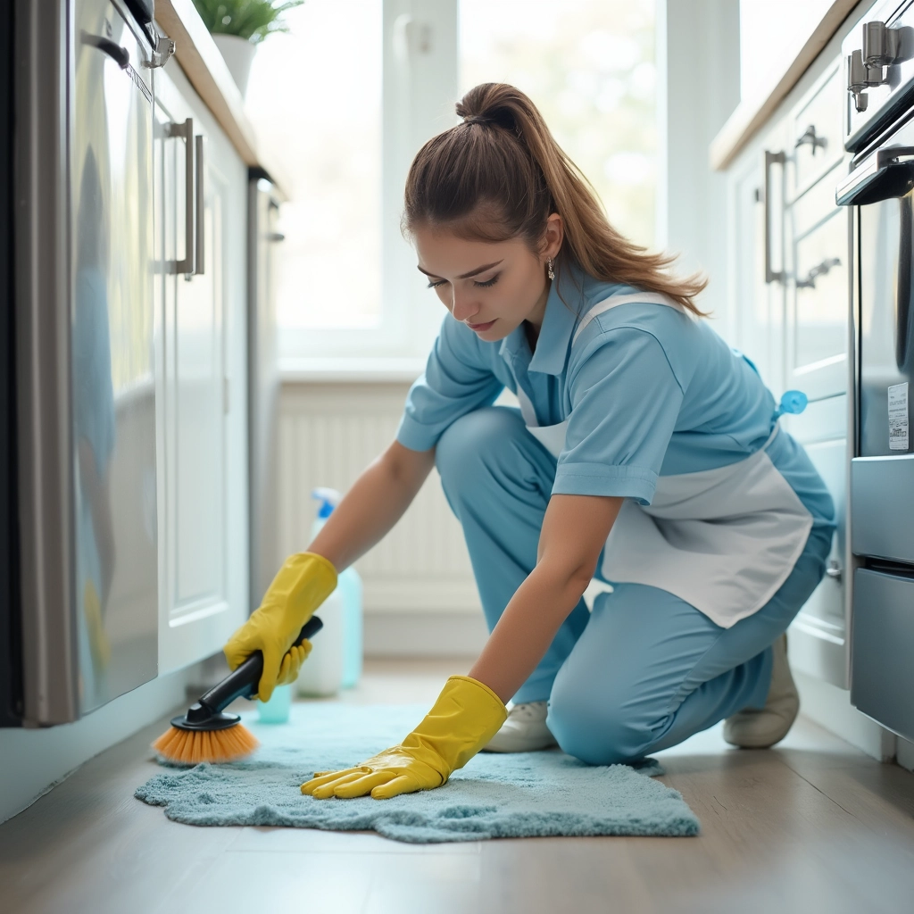 a woman cleaning the floor